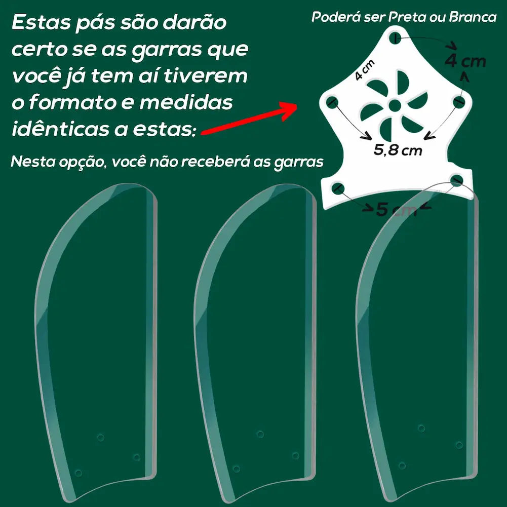 A imagem mostra um conjunto de pás com informações sobre dimensões para verificação de compatibilidade com garras já existentes. Inclui medidas da base central (5,8 cm de diâmetro, 4 cm entre furos) e do formato curvo das pás. Texto indica que as garras não serão enviadas neste caso.